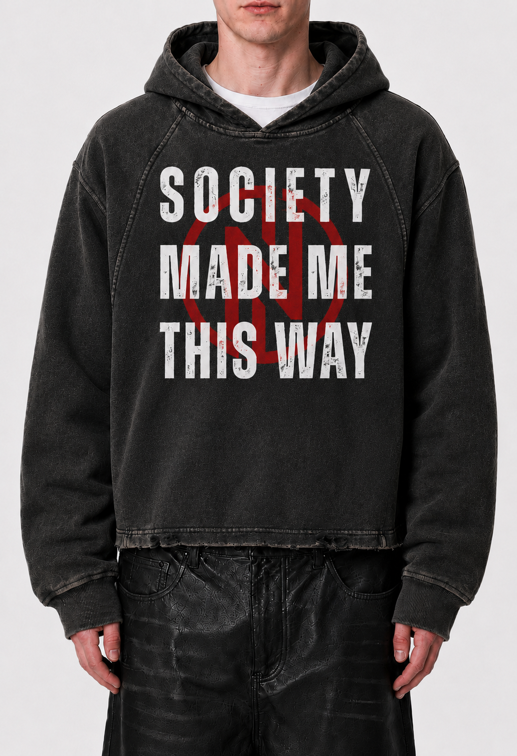"Society" Vintage Washed Frayed-Hem Hoodie