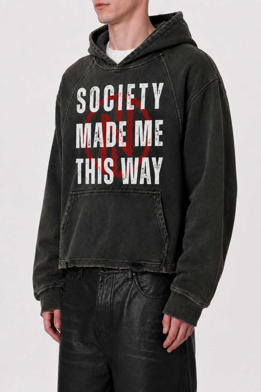 "Society" Vintage Washed Frayed-Hem Hoodie