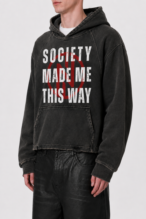 "Society" Vintage Washed Frayed-Hem Hoodie