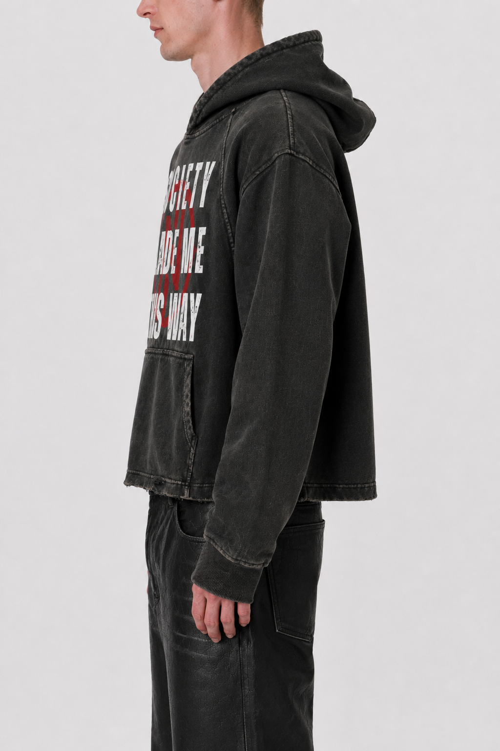 "Society" Vintage Washed Frayed-Hem Hoodie