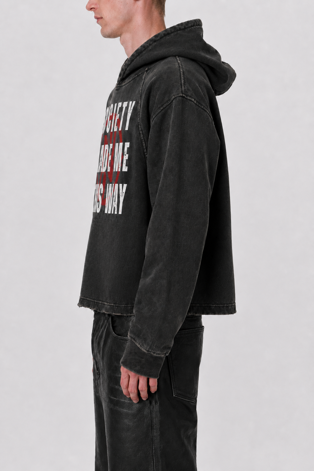 "Society" Vintage Washed Frayed-Hem Hoodie