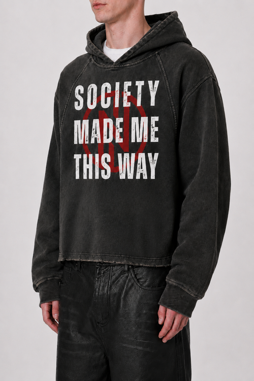 "Society" Vintage Washed Frayed-Hem Hoodie