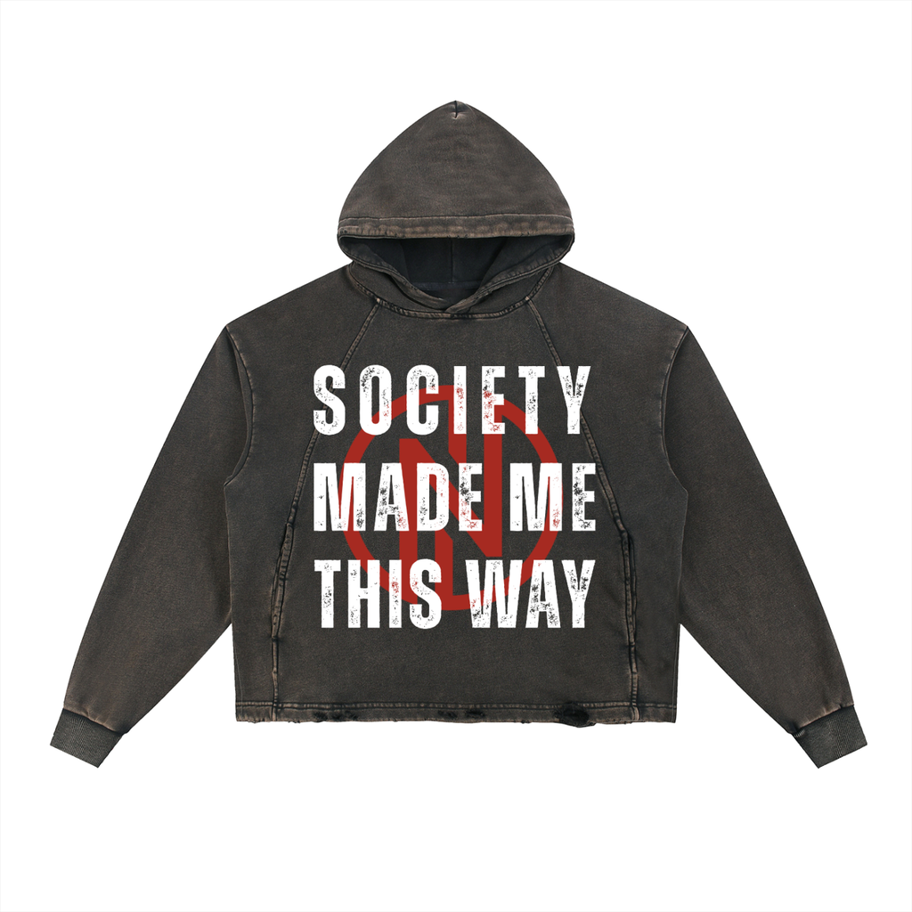 "Society" Vintage Washed Frayed-Hem Hoodie