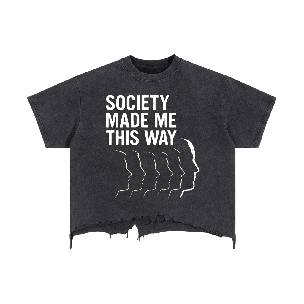 "Society" Washed Boxy Distressed T-Shirt (Black)