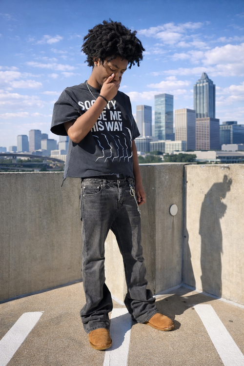 "Society" Washed Boxy Distressed T-Shirt (Black)